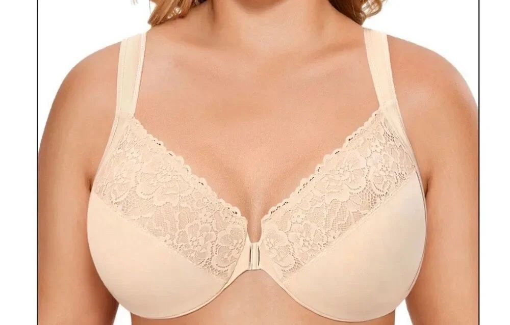 A7 Delimira front closure racerback unlined underwire tan bra size 34DD